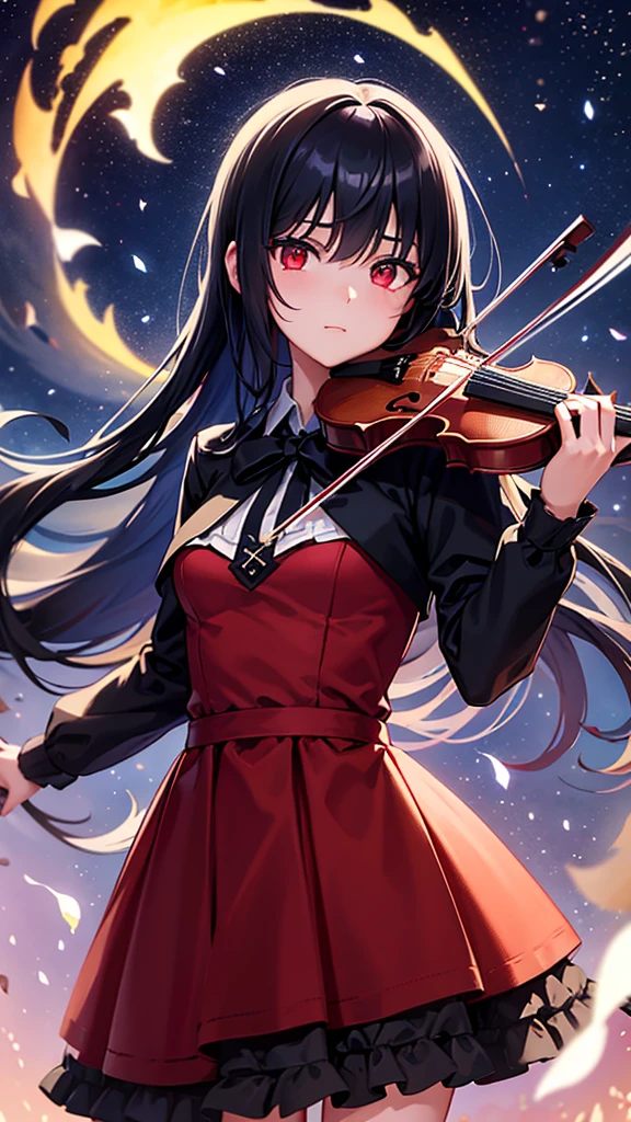 A girl playing the violin, with black hair and glassy red eyes, a serious gaze, under a night sky filled with stars and a single comet. She is positioned over a lake, depicted in a full shot. The scene is sprinkled with light particles and has a bokeh effect. Requesting high quality, high resolution, a masterpiece, and the best shot.