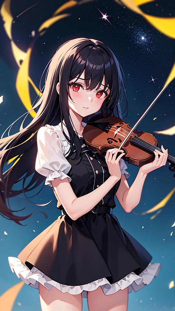 A girl playing the violin, with black hair and glassy red eyes, a serious gaze, under a night sky filled with stars and a single comet. She is positioned over a lake, depicted in a full shot. The scene is sprinkled with light particles and has a bokeh effect. Requesting high quality, high resolution, a masterpiece, and the best shot.