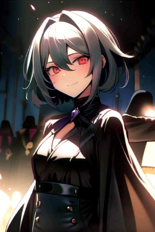 ((chef d'oeuvre)), ((meilleure qualité)), (Ultra-détaillé), ((extrêmement détaillé)), 4K, (8k), meilleure qualité, Saegusa Mayumi, sourire, cheveux noirs, les yeux rouges, Queue de cheval pliée, bandeau pour cheveux, vêtements élégants, ruban rouge, seins moyens, ((haut du corps)), Style animé, Tout le corps, 1fille , Beautiful cheveux noirs, yeux noirs
