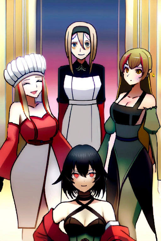 ((chef d'oeuvre)), ((meilleure qualité)), (Ultra-détaillé), ((extrêmement détaillé)), 4K, (8k), meilleure qualité, Saegusa Mayumi, sourire, cheveux noirs, les yeux rouges, Queue de cheval pliée, bandeau pour cheveux, vêtements élégants, ruban rouge, seins moyens, ((haut du corps)), Style animé, Tout le corps, 1fille , Beautiful cheveux noirs, yeux noirs