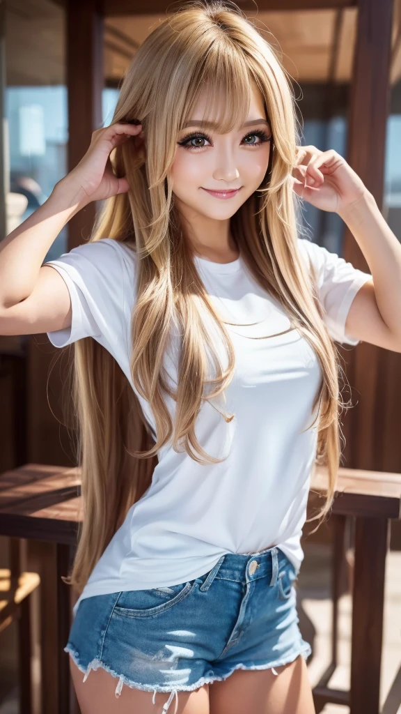 Highest quality、Precise beauty、Beautiful long hair woman、The most beautiful woman in the world、Beautiful and sharp face、21 years old、Smooth hair that looks blonde、Golden Hair、Blonde Hair、ロングヘアーVery detailed顔、Cute Smile、Big eyes、Small face、Ample breasts、T-Shirts、High resolution、8k wallpaper、The gesture of pulling up the hair、Very detailed、masterpiece、Very bright photo、One woman、Shorts、Beautiful legs