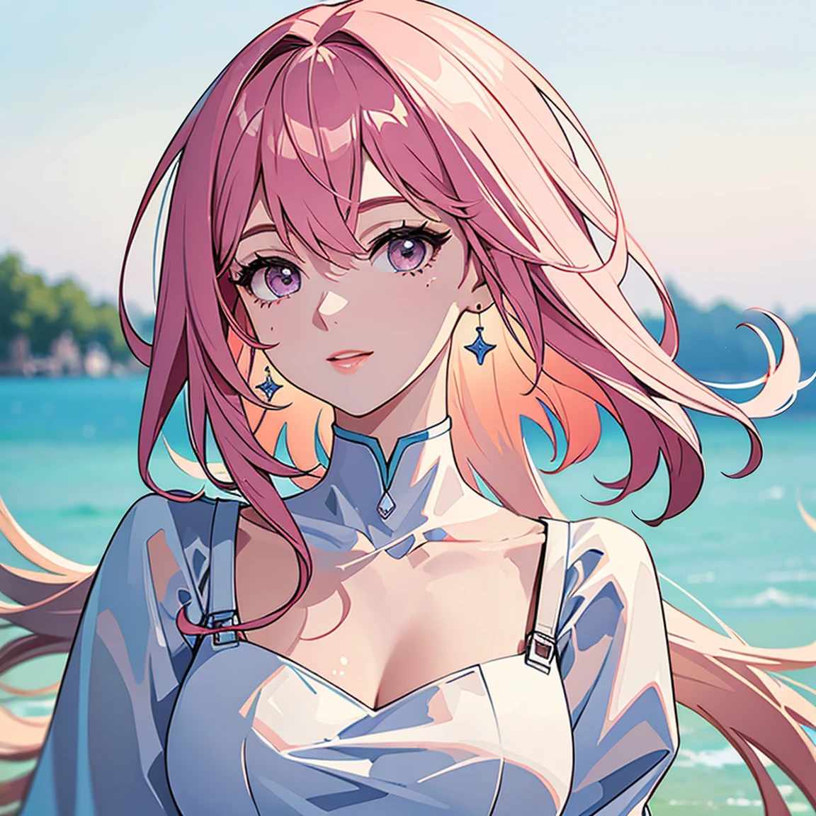 upperbody closeup,sportrait,little breast,Fashionab,Handsome,beijing,15 year old woman,cleavage,A pink-haired,Off-the-shoulder attire,white straitjacket,ponds,Lunette de soleil