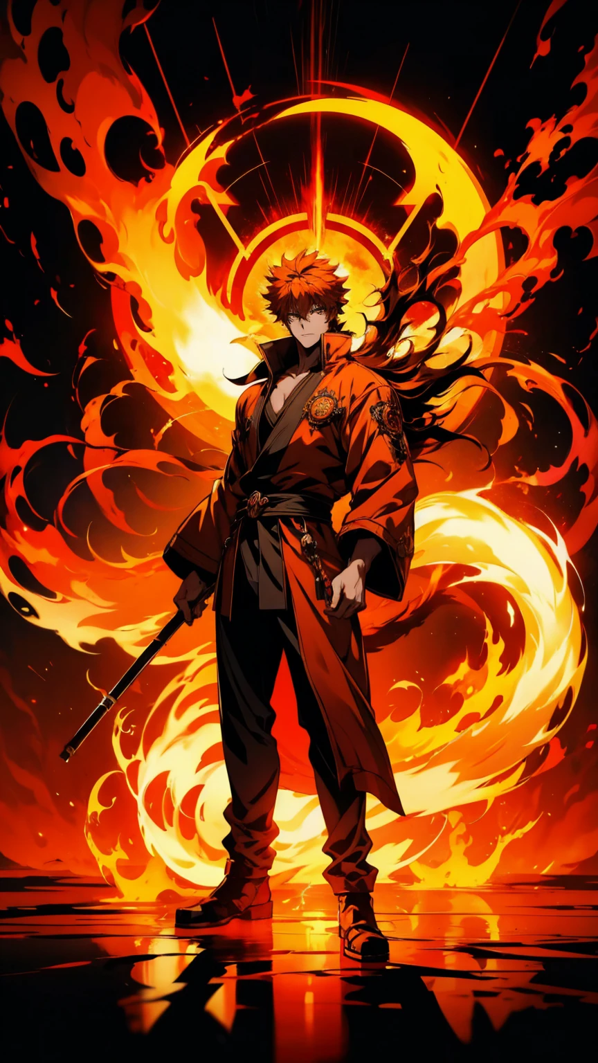 anime character with fire and flames in the background, Burning hell, fire!! whole body, Nine-Tailed Fox, Anime Wallpaper, hd Anime Wallpaper, fire behind him, Spectacular anime style, HD artwork, fire mage, High-resolution anime art, guilty gear art style, Spectacular artwork of anime, Amazing anime 8k, Sun Wukong, fire demon, wielding fire