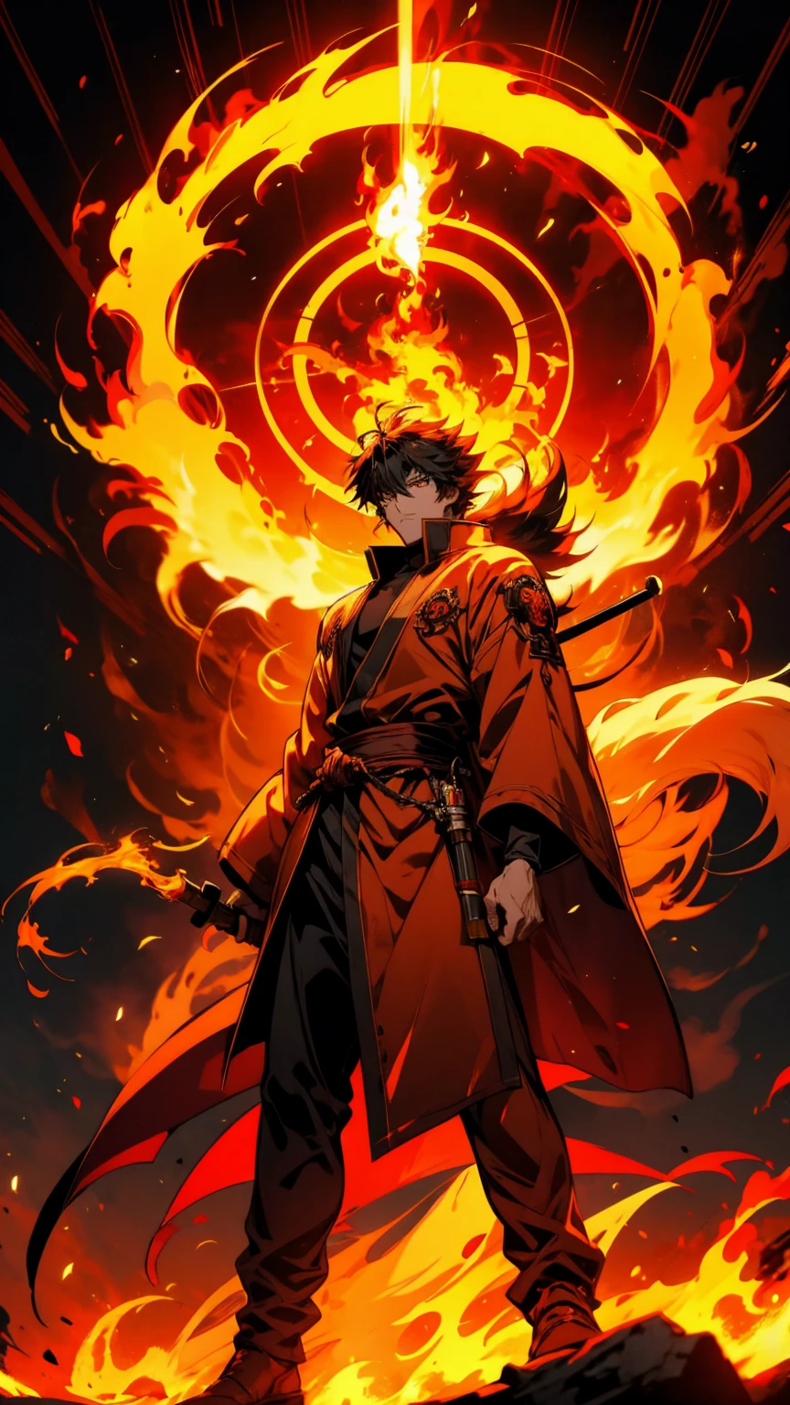 anime character with fire and flames in the background, Burning hell, fire!! whole body, Nine-Tailed Fox, Anime Wallpaper, hd Anime Wallpaper, fire behind him, Spectacular anime style, HD artwork, fire mage, High-resolution anime art, guilty gear art style, Spectacular artwork of anime, Amazing anime 8k, Sun Wukong, fire demon, wielding fire