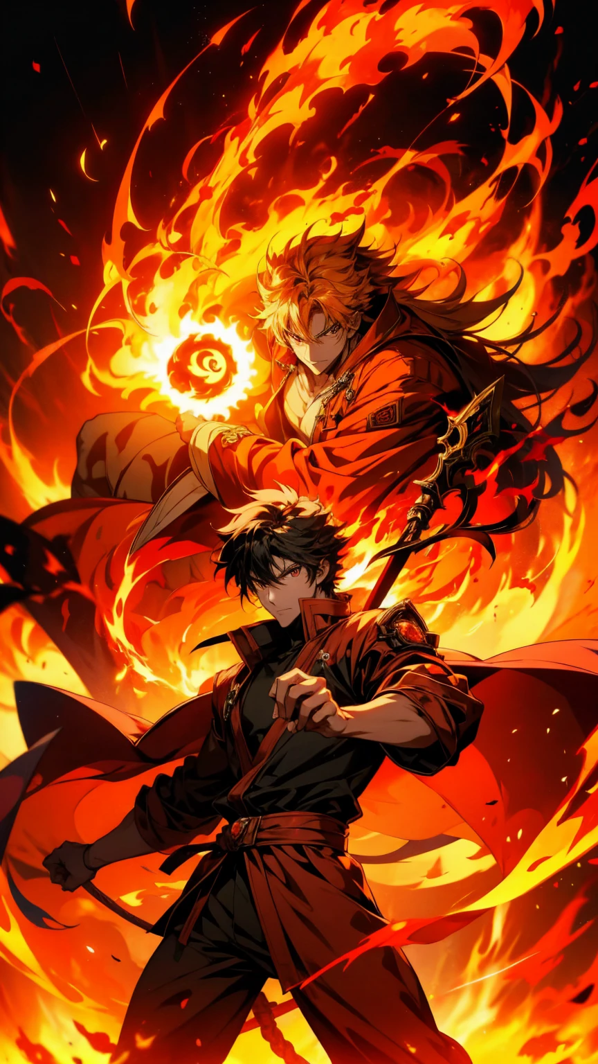 anime character with fire and flames in the background, Burning hell, fire!! whole body, Nine-Tailed Fox, Anime Wallpaper, hd Anime Wallpaper, fire behind him, Spectacular anime style, HD artwork, fire mage, High-resolution anime art, guilty gear art style, Spectacular artwork of anime, Amazing anime 8k, Sun Wukong, fire demon, wielding fire