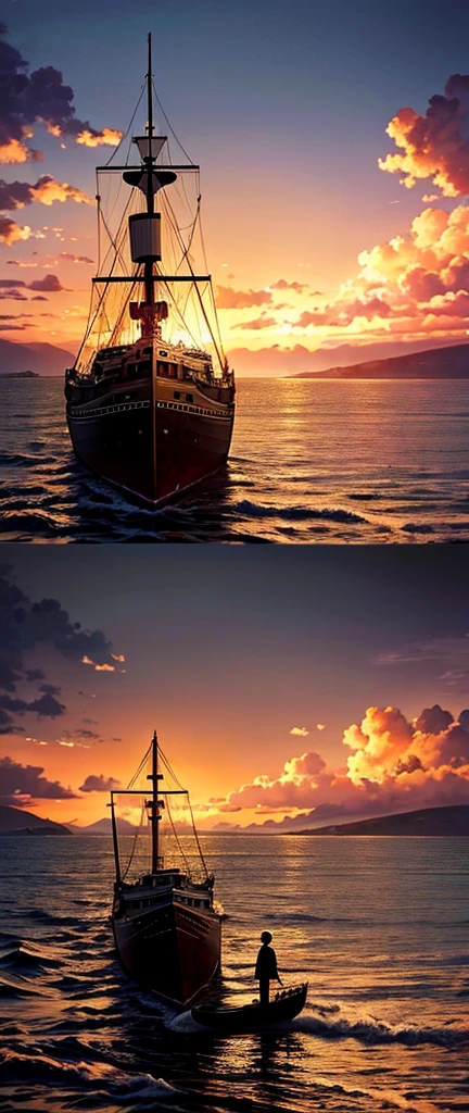 Prompt Title: The Fateful Story of Titanic Scene 2: Romantic Moment
Setting: The bow of the ship at sunset.
Characters: Jack and Rose standing at the ship's bow, arms outstretched, feeling the wind.
Background: Beautiful sunset over the ocean.