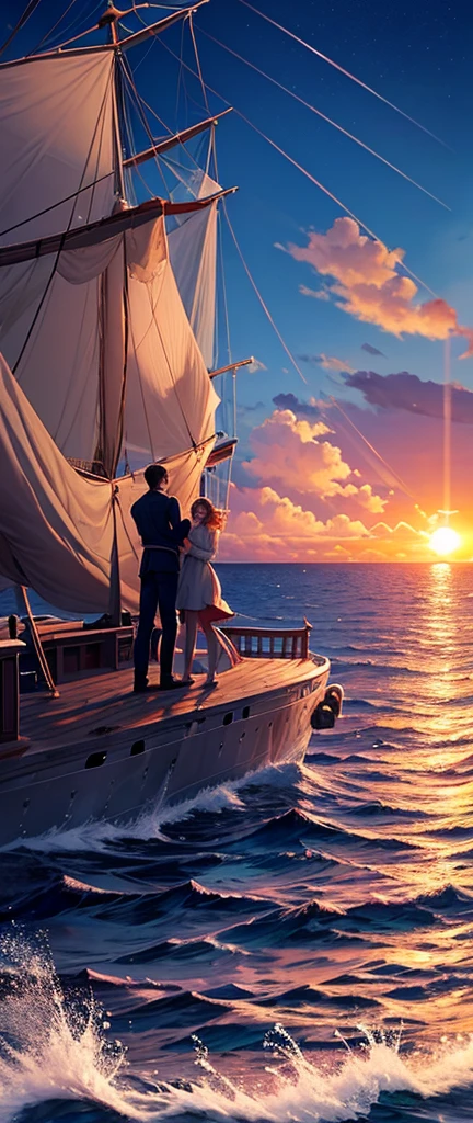 Prompt Title: The Fateful Story of Titanic       Scene 2: Romantic Moment

Setting: The bow of the ship at sunset.
Characters: Jack and Rose standing at the ship's bow, arms outstretched, feeling the wind.
Background: Beautiful sunset over the ocean.