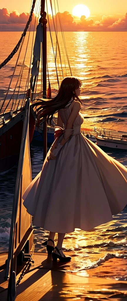 Prompt Title: The Fateful Story of Titanic       Scene 2: Romantic Moment

Setting: The bow of the ship at sunset.
Characters: Jack and Rose standing at the ship's bow, arms outstretched, feeling the wind.
Background: Beautiful sunset over the ocean.