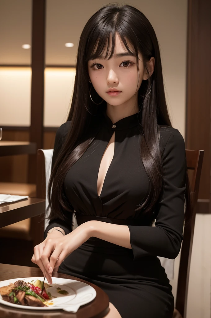 ((best quality)), ((masterpiece)), (detailed), perfect face ((best qualityer)), ((work of art)), (detailded), a korean age girl, long hair, dark brown and with bangs, sitting at a table in a restaurant. wearing a sensual black dress. ultra realistic face.