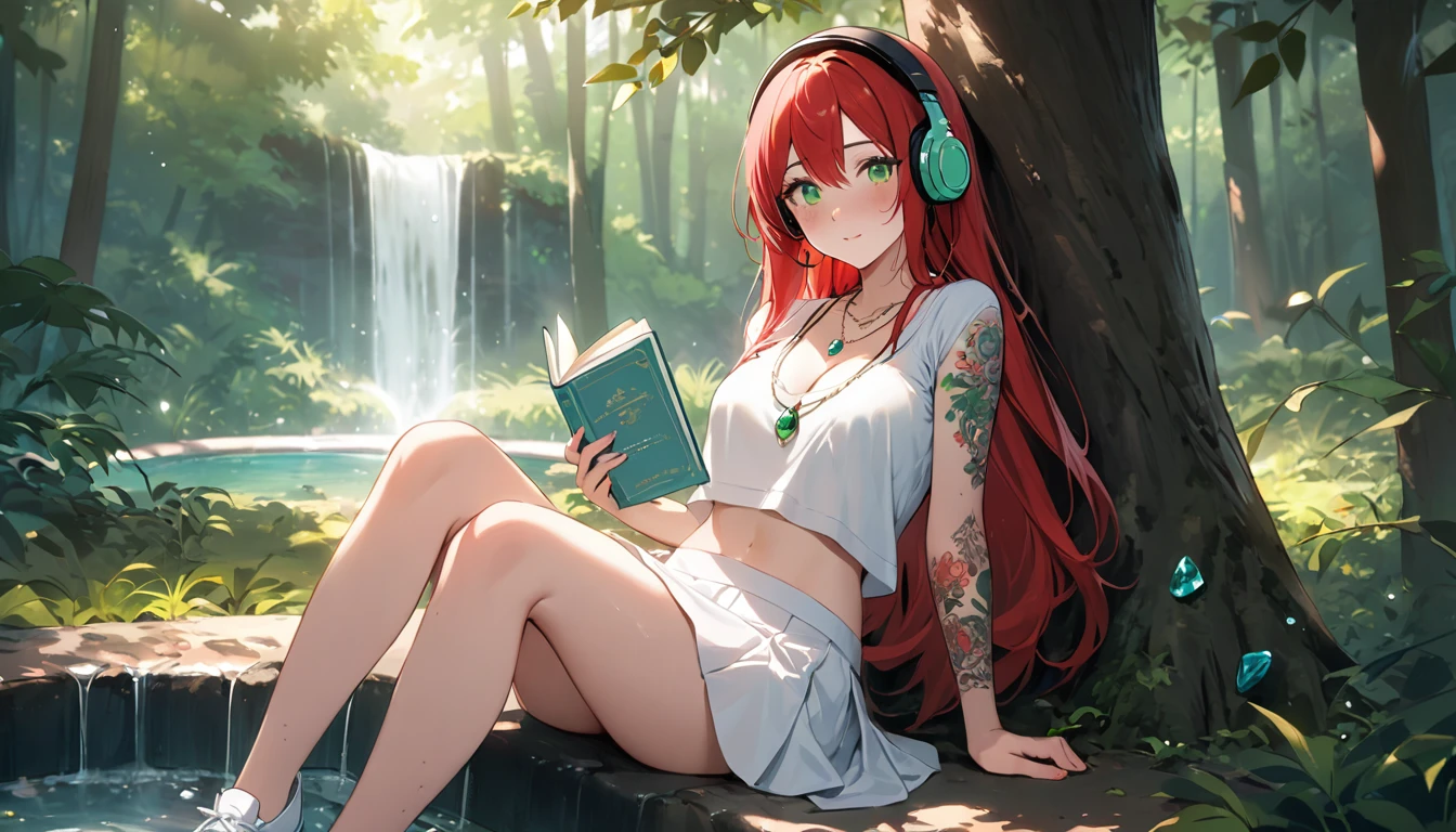 (Best Quality, Masterpiece, ultra high resolution, ultra detailed:1.2) Female gender Beautiful green eyes and melancholic expression Long red hair Light and freckled skin Wears a top with a bra shirt Wears a white silk mini skirt Footed with white cloth shoes Sitting under a tree in a forest Next to a natural fountain Porta a necklace of precious stones Has tattoos on her arms She wears long, striking earrings She holds a book of poetry in her hands She listens to soft music through headphones She smiles slightly while observing the nature around her