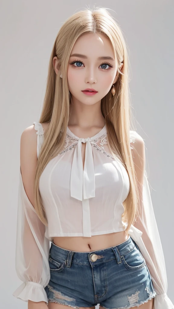 (((blouse、Shorts、White background、Cowboy Shot、forehead)))、forehead、Northern Europe、Russia、beautiful girl、Platinum Blonde Hair、Straight long hair、Big blue eyes、Northern Europeの若者、Glowing Skin、Young and beautiful skin、A perfect and beautiful little face、Bright makeup、Pale pink lips、Bright expression、lipstick、Golden Hour Lighting、Movie Light、Intricate details、High resolution、 Detailed features of the face design、Big Breasts