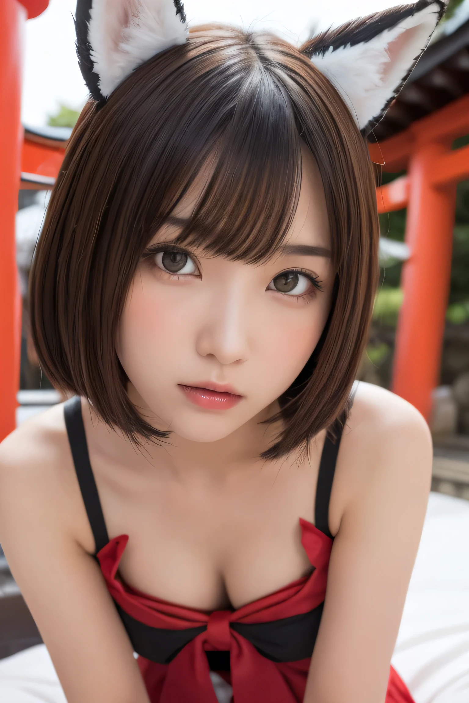one girl, (a beauty girl, delicate girl:1.3), (:1.3),
break, (shrine maiden costume:1.3), (fox ears:1.3), ((fox tail:1.3)), zoom in face,
break, very fine eye definition, (symmetrical eyes:1.3),
break, (inari shrine:1.3), (torii:1.3),
break, small breasts, brown eyes, parted bangs, brown hair, girl,
break, (eyes and faces with detailed:1.0),
break, (masterpiece, best quality, ultra detailed, detailed face, 8k), A stunning digital illustration of a young tifa Lockhart, glamorous female nun, elegantly portrayed, 3D style. Her modern and fashionable outfit, nude, side portrait, looking at viewer, medium breasts, white skin, perfect breasts, small pink nipples, hips, (thin:1.3), flat tummy, on bed, crawling towards viewer, (young:1.2), mouth slightly open, masturbating, fingering, leaking pussy, close up vagina