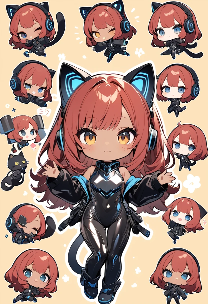 full body,1 girl,(cute:1.3),red Hair, left eye blue, right eye yellow, tan skin, freckles,｛White breastplate, Black futuristic cat ear headphones, Mechanical black glossy metallic Bodysuit, Bare shoulders, oversized jacket, futuristic cat tail, Glossy, shiny material,chibi emote, chibi character, cute pose
