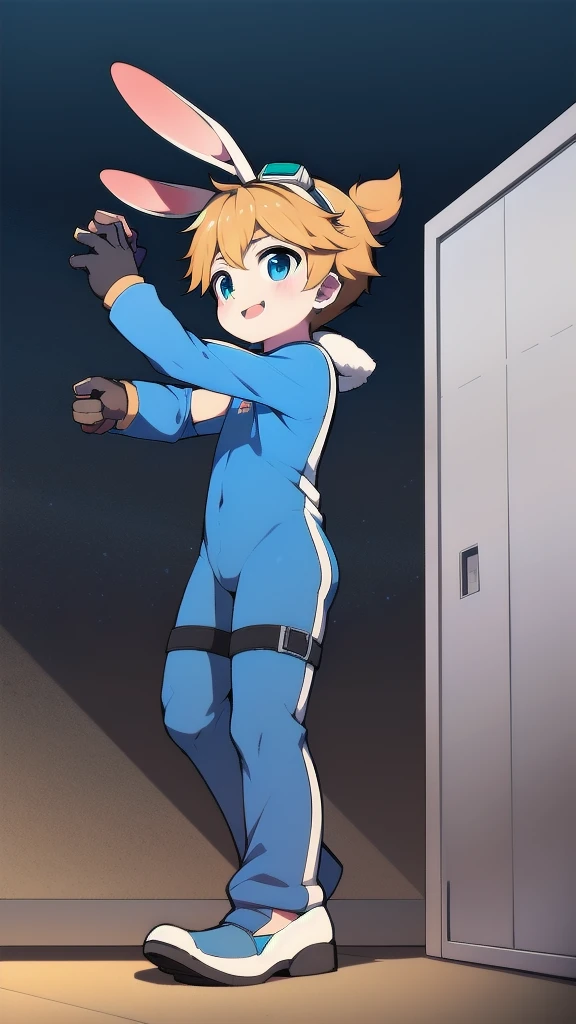 ((A young boy)),(Youthful feeling),One-piece mountaineering suit,Goggles,Fingerless gloves,Cotton socks,Short sleeve,stand up,happy,Rabbit ears,Rabbit Tail