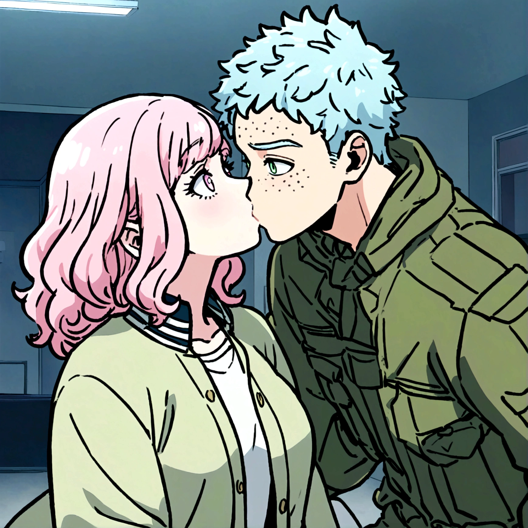 screenshot My Hero Academy in a room. two people kissing. Boy with pink and white hair and light pink eyes. girl with short wavy hair. Navy blue hair with a white streak. light green eyes. Black freckle jacket with cargo pants.