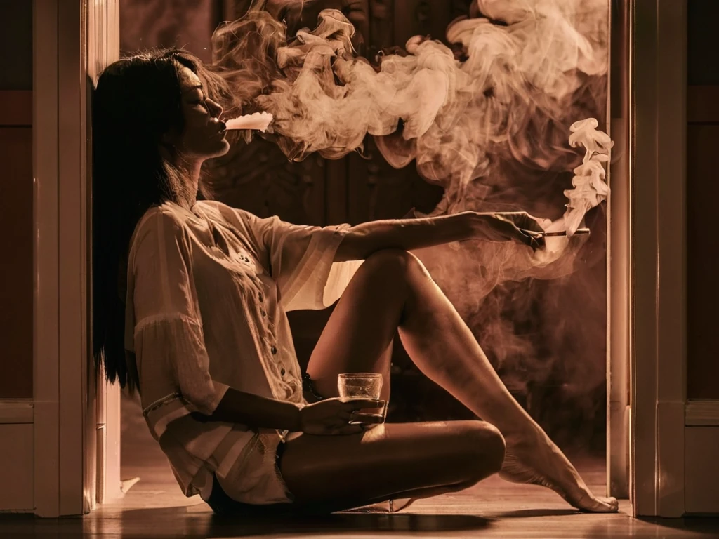 Woman sitting on the floor, thick smoke
