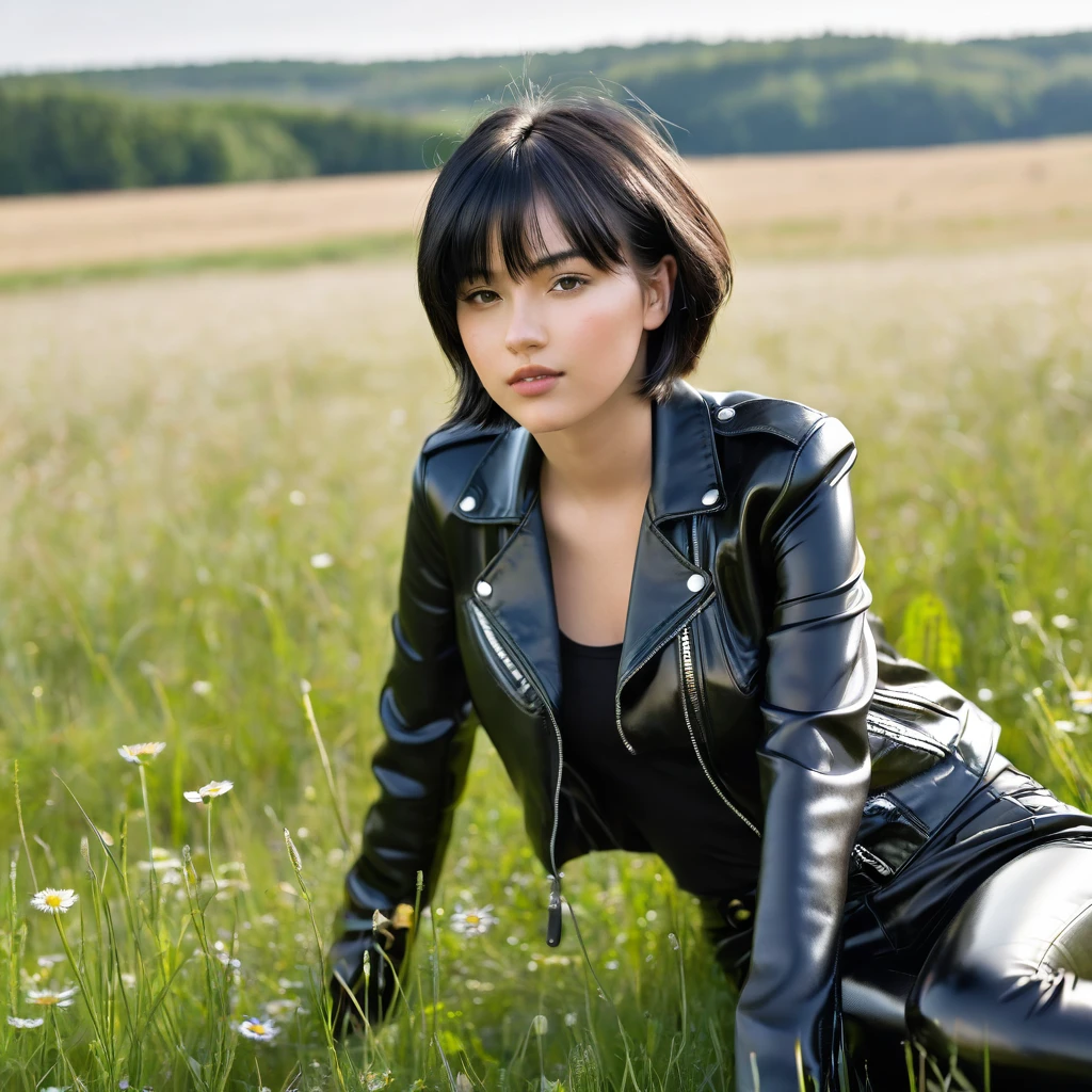 young 18 year old girl, shiny black leather trousers and jacket, skinny body, short black hair, lying on a meadow, view from the side