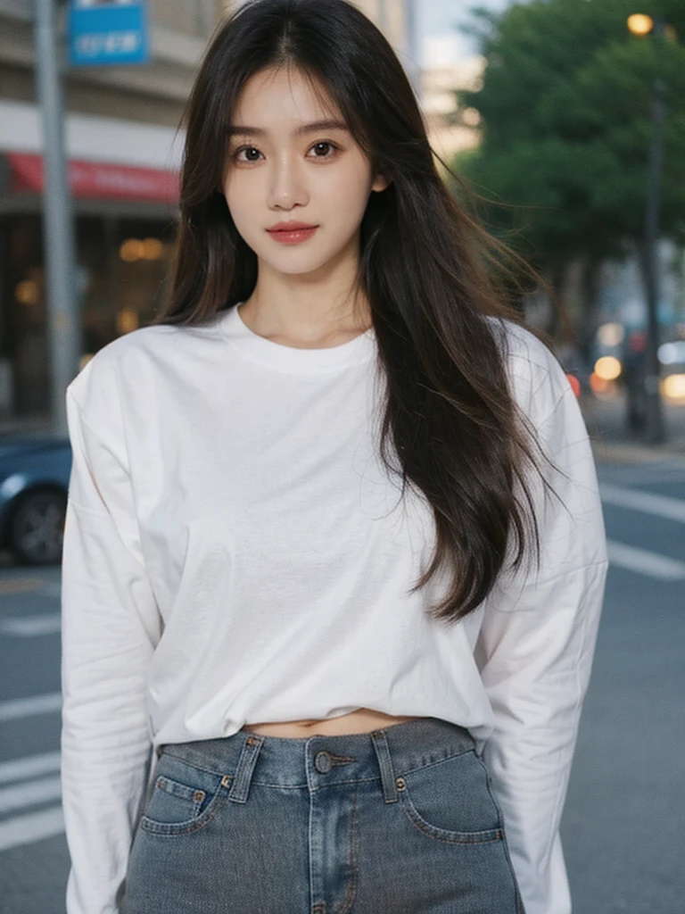 woman wearing white t-shirt and jeans,tight tshirt,tight white shirt,Nice white shirt, long sleeve t-shirt, business attire,round face,formal shot,on the street,medium,a 20 year old girl,model photos