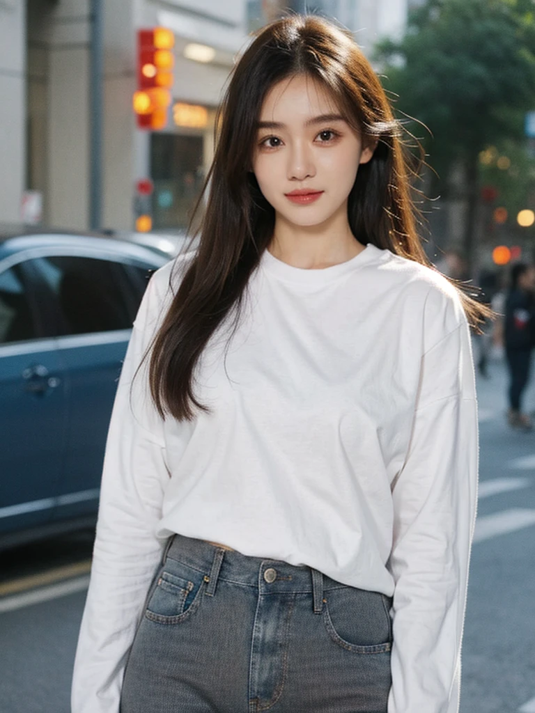 woman wearing white t-shirt and jeans，tight tshirt，tight white shirt，Nice white shirt, long sleeve t-shirt, business attire，round face，formal shot，on the street，medium，a 20 year old girl，model photos