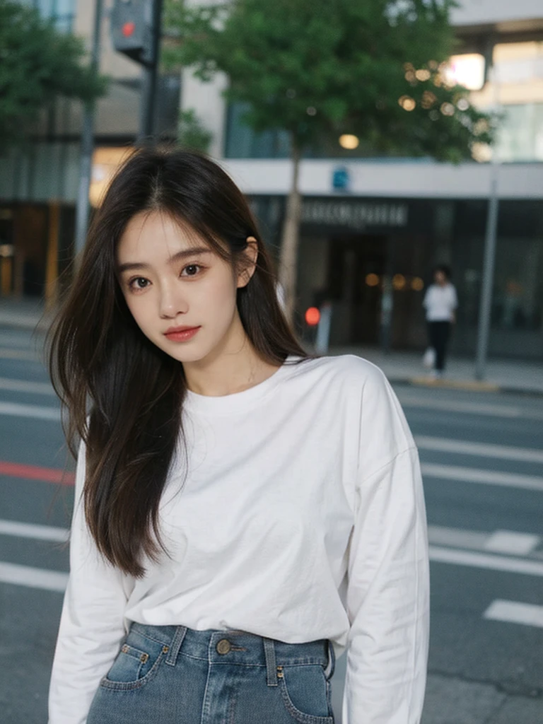 woman wearing white t-shirt and jeans,tight tshirt,tight white shirt,Nice white shirt, long sleeve t-shirt, business attire,round face,formal shot,on the street,medium,a 20 year old girl,model photos