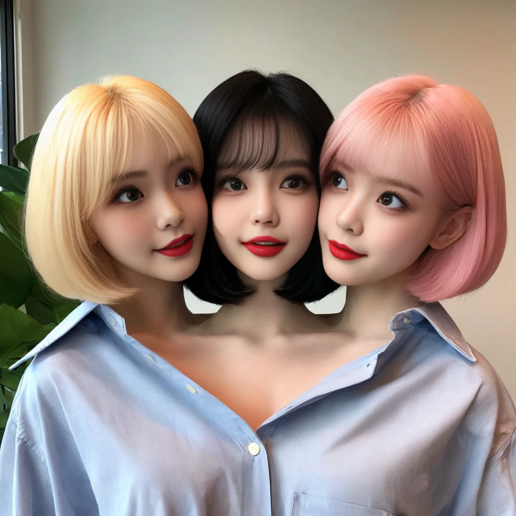 2heads, best resolution, korean woman with three heads, button shirt, smiling, red lipstick, different faces