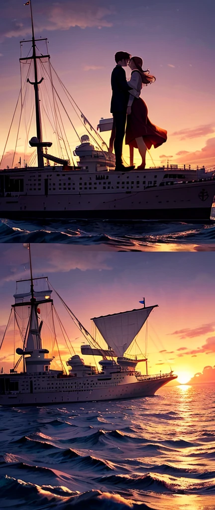 Prompt Title: The Fateful Story of Titanic Scene 2: Romantic Moment
Setting: The bow of the ship at sunset.
Characters: Jack and Rose standing at the ship's bow, arms outstretched, feeling the wind.
Background: Beautiful sunset over the ocean.