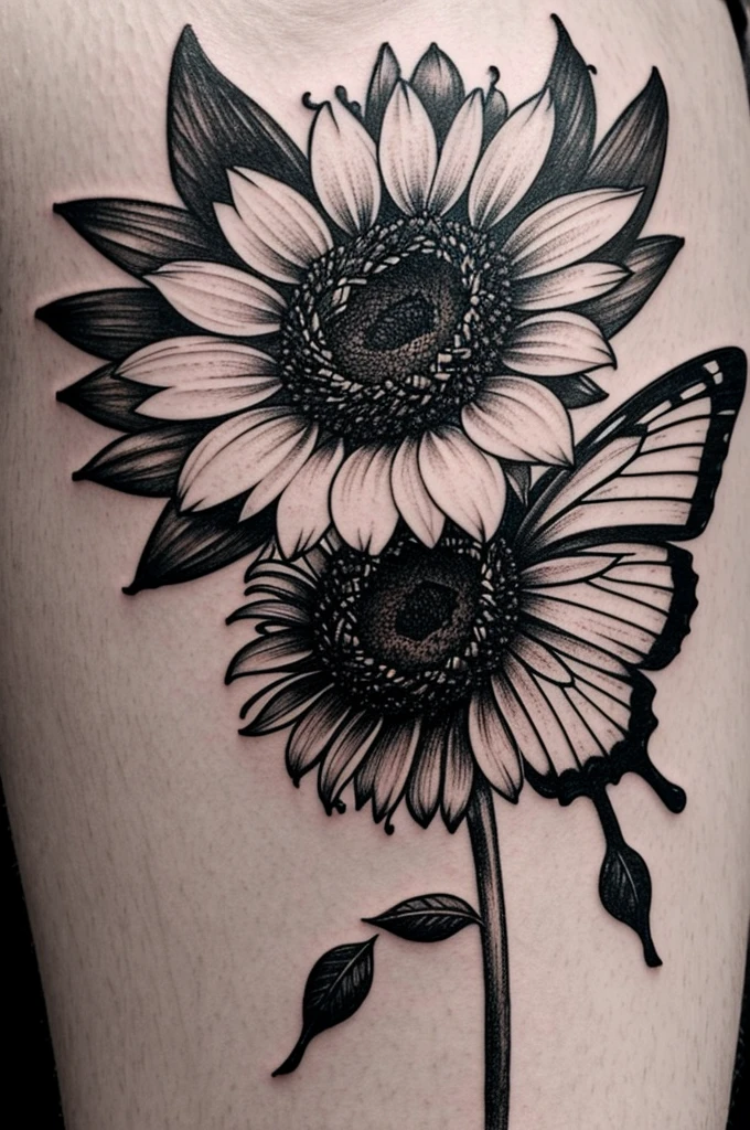 I want you to draw a tattoo. The tattoo is black and white. The tattoo should be a beautiful sunflower and above it a butterfly.. In addition to the stem of the flower, the word resilience must appear !