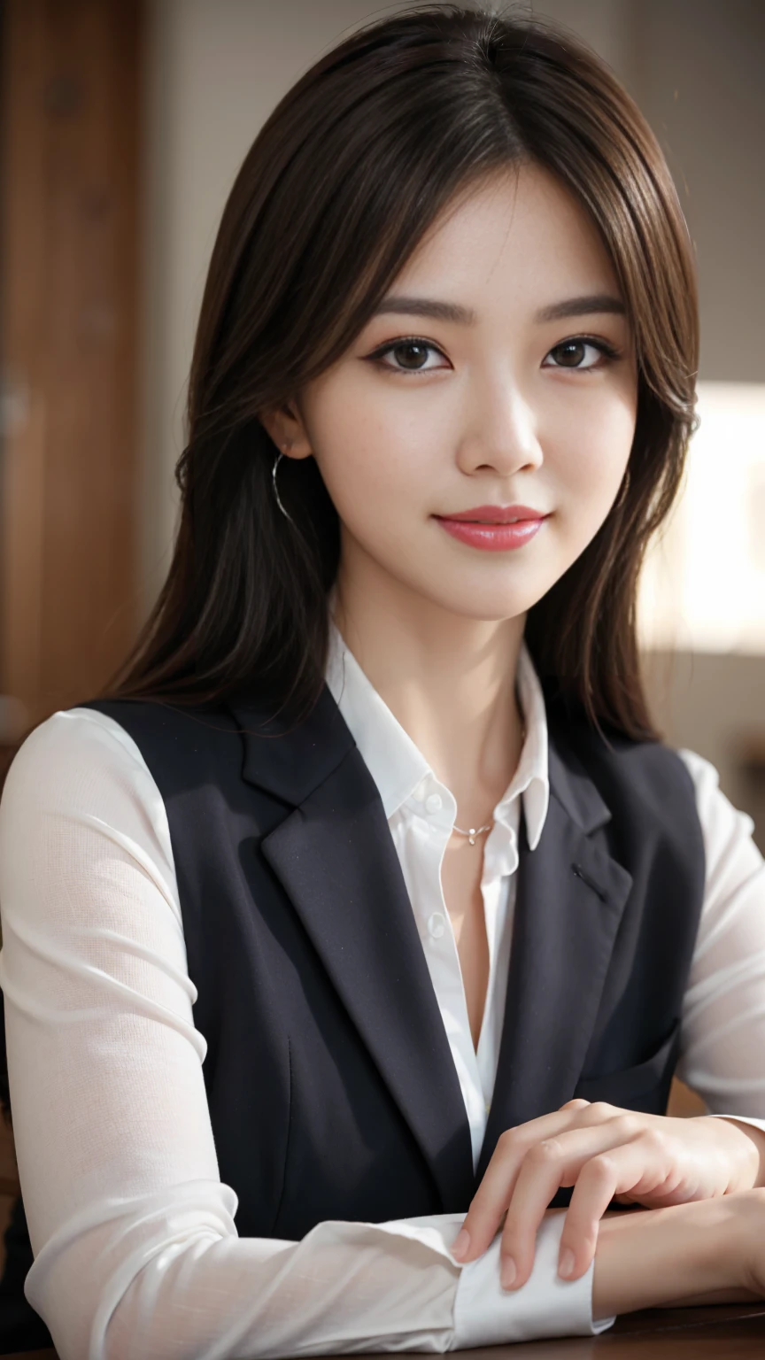 Tabletop, Highest quality, Realistic, Very detailed, finely, High resolution, 8k wallpaper, One beautiful woman,, Light brown messy hair, Wearing a business suit, Sharp focus, Perfect dynamic composition, Beautiful and detailed, Thin Hair, Detailed Realistic skin texture, smile, Close-up portrait, Model Body Type