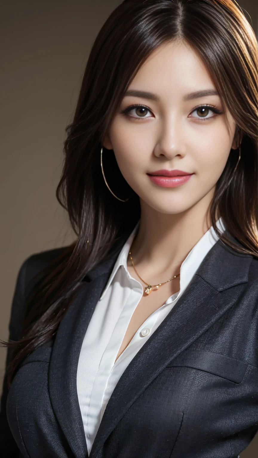 Tabletop, Highest quality, Realistic, Very detailed, finely, High resolution, 8k wallpaper, One beautiful woman,, Light brown messy hair, Wearing a business suit, Sharp focus, Perfect dynamic composition, Beautiful and detailed, Thin Hair, Detailed Realistic skin texture, smile, Close-up portrait, Model Body Type
