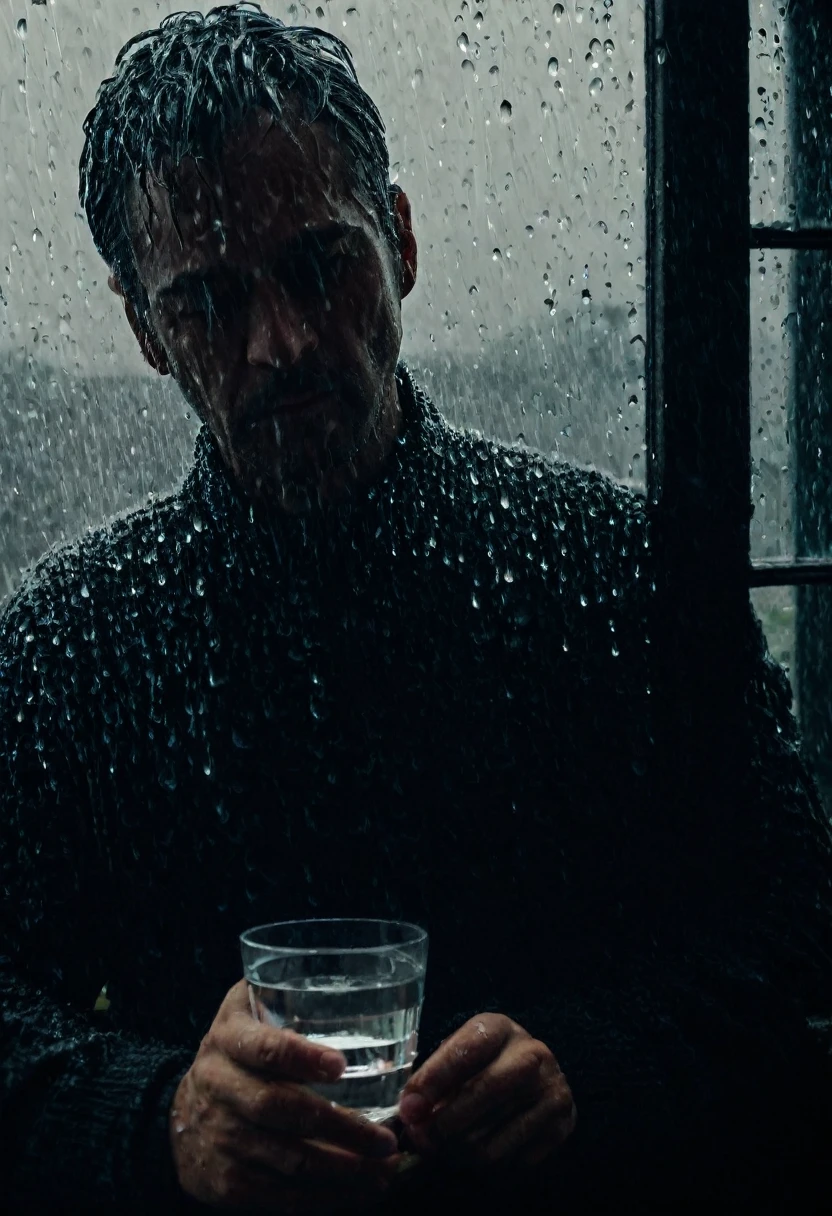 

Craft a highly detailed, cinematic 4K scene of a man standing by a window, holding a glass cup of water in his right hand, and gazing out into the rain.

**Scene Detail:**

The camera slowly zooms in on the man, standing by the window in a dimly lit room, bathed in the soft, gray light of an overcast sky. The rain outside cascades down in a rhythmic dance, each droplet catching the light and creating a mesmerizing pattern on the glass. The man's face, captured in stunning 4K detail, reveals a depth of emotion—eyes slightly glazed, a hint of melancholy in his gaze as he watches the rain.

His right hand grips a clear glass cup, droplets of condensation rolling down its surface, adding to the visual symphony of water. The camera focuses on the intricate details: the texture of his skin, the reflections in the glass, the subtle ripples in the water inside the cup.

Outside, the world is a blur of muted colors and movement, the rain painting the scene with streaks of light and shadow. Inside, the silence is broken only by the gentle patter of raindrops against the window, enhancing the atmosphere of solitude and contemplation. The man's posture, relaxed yet introspective, conveys a story untold, inviting the viewer to delve into his thoughts and emotions.

The scene is a masterful blend of light, texture, and sound, creating a powerful visual and emotional experience that draws the audience into its serene yet poignant world.