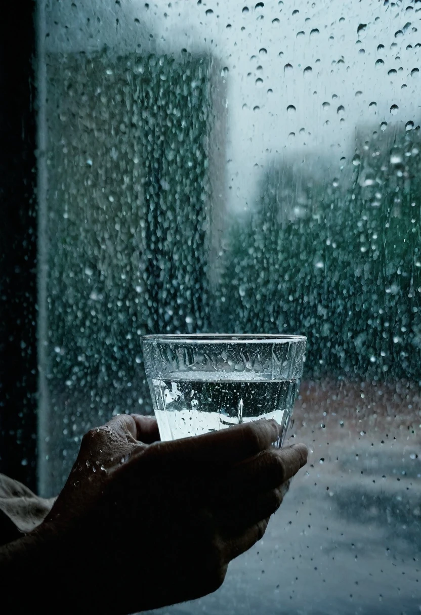 

Craft a highly detailed, cinematic 4K scene of a man standing by a window, holding a glass cup of water in his right hand, and gazing out into the rain.

**Scene Detail:**

The camera slowly zooms in on the man, standing by the window in a dimly lit room, bathed in the soft, gray light of an overcast sky. The rain outside cascades down in a rhythmic dance, each droplet catching the light and creating a mesmerizing pattern on the glass. The man's face, captured in stunning 4K detail, reveals a depth of emotion—eyes slightly glazed, a hint of melancholy in his gaze as he watches the rain.

His right hand grips a clear glass cup, droplets of condensation rolling down its surface, adding to the visual symphony of water. The camera focuses on the intricate details: the texture of his skin, the reflections in the glass, the subtle ripples in the water inside the cup.

Outside, the world is a blur of muted colors and movement, the rain painting the scene with streaks of light and shadow. Inside, the silence is broken only by the gentle patter of raindrops against the window, enhancing the atmosphere of solitude and contemplation. The man's posture, relaxed yet introspective, conveys a story untold, inviting the viewer to delve into his thoughts and emotions.

The scene is a masterful blend of light, texture, and sound, creating a powerful visual and emotional experience that draws the audience into its serene yet poignant world.