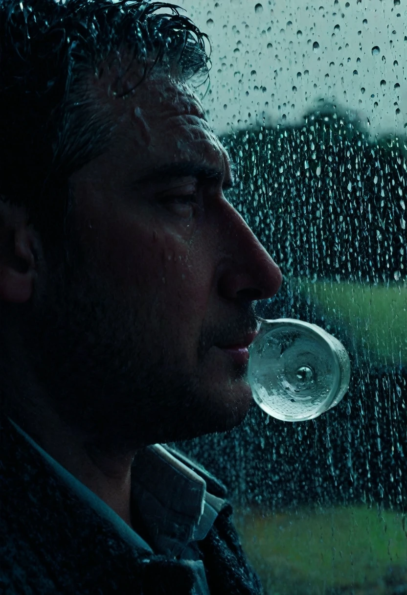 

Craft a highly detailed, cinematic 4K scene of a man standing by a window, holding a glass cup of water in his right hand, and gazing out into the rain.

**Scene Detail:**

The camera slowly zooms in on the man, standing by the window in a dimly lit room, bathed in the soft, gray light of an overcast sky. The rain outside cascades down in a rhythmic dance, each droplet catching the light and creating a mesmerizing pattern on the glass. The man's face, captured in stunning 4K detail, reveals a depth of emotion—eyes slightly glazed, a hint of melancholy in his gaze as he watches the rain.

His right hand grips a clear glass cup, droplets of condensation rolling down its surface, adding to the visual symphony of water. The camera focuses on the intricate details: the texture of his skin, the reflections in the glass, the subtle ripples in the water inside the cup.

Outside, the world is a blur of muted colors and movement, the rain painting the scene with streaks of light and shadow. Inside, the silence is broken only by the gentle patter of raindrops against the window, enhancing the atmosphere of solitude and contemplation. The man's posture, relaxed yet introspective, conveys a story untold, inviting the viewer to delve into his thoughts and emotions.

The scene is a masterful blend of light, texture, and sound, creating a powerful visual and emotional experience that draws the audience into its serene yet poignant world.