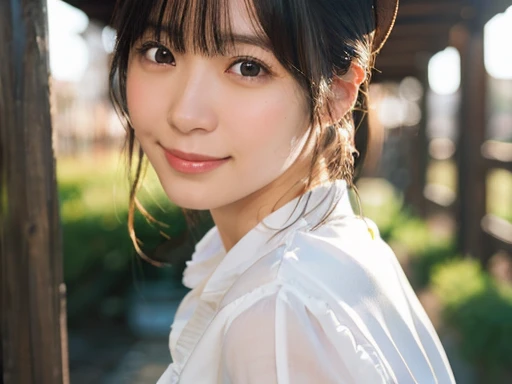 (Highest quality,masterpiece:1.3,Ultra-high resolution),(Very detailed,Caustics,8K),(Realistic:1.4,RAW shooting),Japanese,23 years old,cute,Are standing,(I'm looking at the camera with a smile on my face),Black hair medium hair,Big Breasts,White blouse,Knee-length skirt,street,Low Angle,Cowboy Shot,Face Focus,Face close-up,Soft sunlight,Natural light