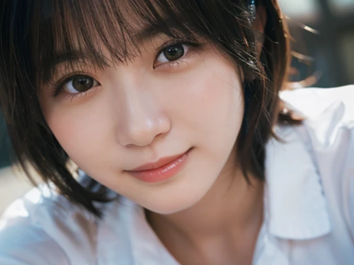 (Highest quality,masterpiece:1.3,Ultra-high resolution),(Very detailed,Caustics,8K),(Realistic:1.4,RAW shooting),Japanese,23 years old,cute,Are standing,(I'm looking at the camera with a smile on my face),Black hair medium hair,Big Breasts,White blouse,Knee-length skirt,street,Low Angle,Cowboy Shot,Face Focus,Face close-up,Soft sunlight,Natural light