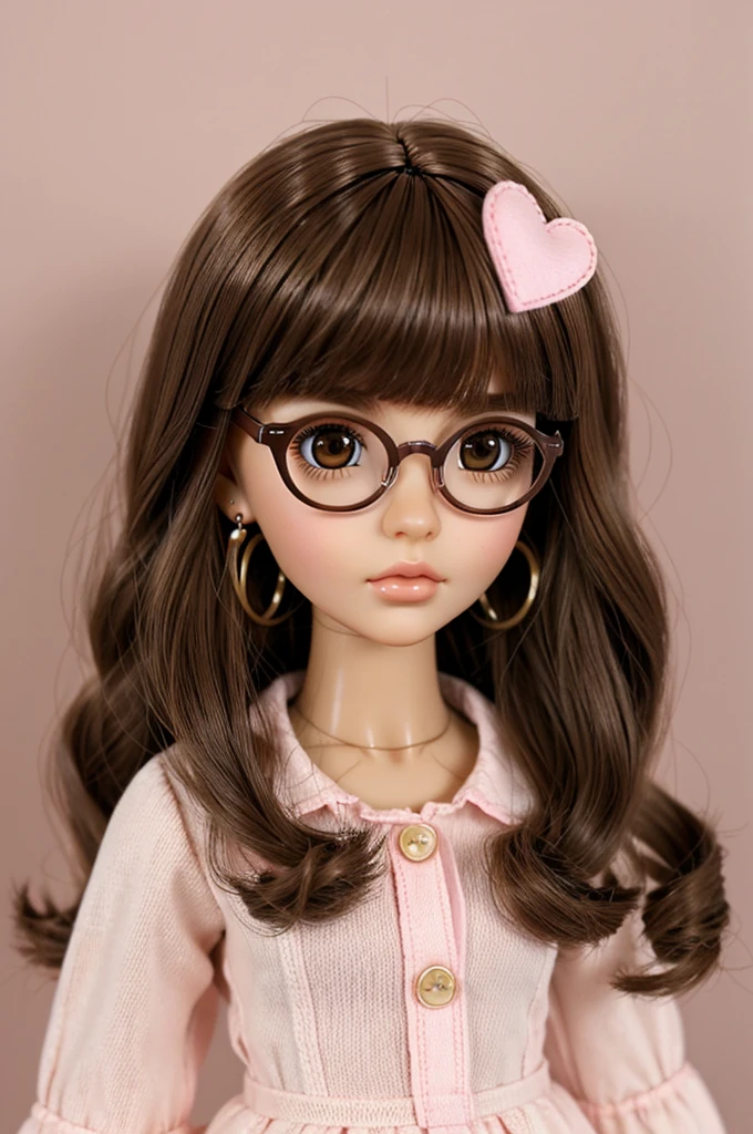 Blythe doll brown hair, brown eyes, light brown skin, short bangs, pretty, pink clothes, clear glasses, bambie eyes, long eyelashes, heart earrings.