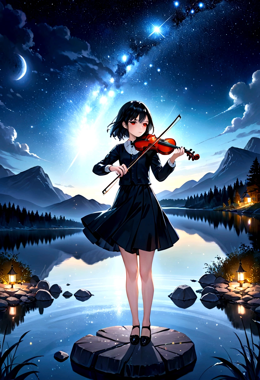 A girl playing the violin, with black hair and glassy red eyes, a serious gaze, under a night sky filled with stars and a single comet. She is positioned over a lake, depicted in a full shot. The scene is sprinkled with light particles and has a bokeh effect. Requesting high quality, high resolution, a masterpiece, and the best shot.