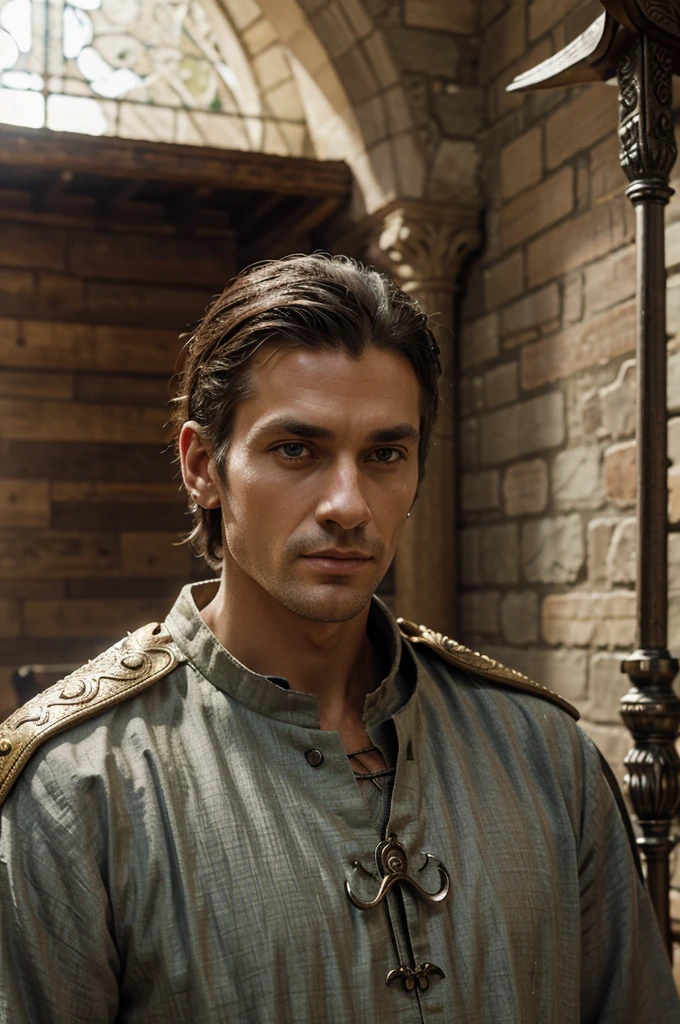 1 male, mature, tall, handsome, finely detailed eyes, intricate details, solo, half shot, detailed castle background, detailed face, black hair, green eyes, slanted eyes, white shirt, messy clothes, detailed background, messy hair, handsome, ear piercing, industrial piercing, medieval era, fighting with swords, scars on cheek,Medieval portrait, medieval setting, medieval clothing,medieval fantasy character