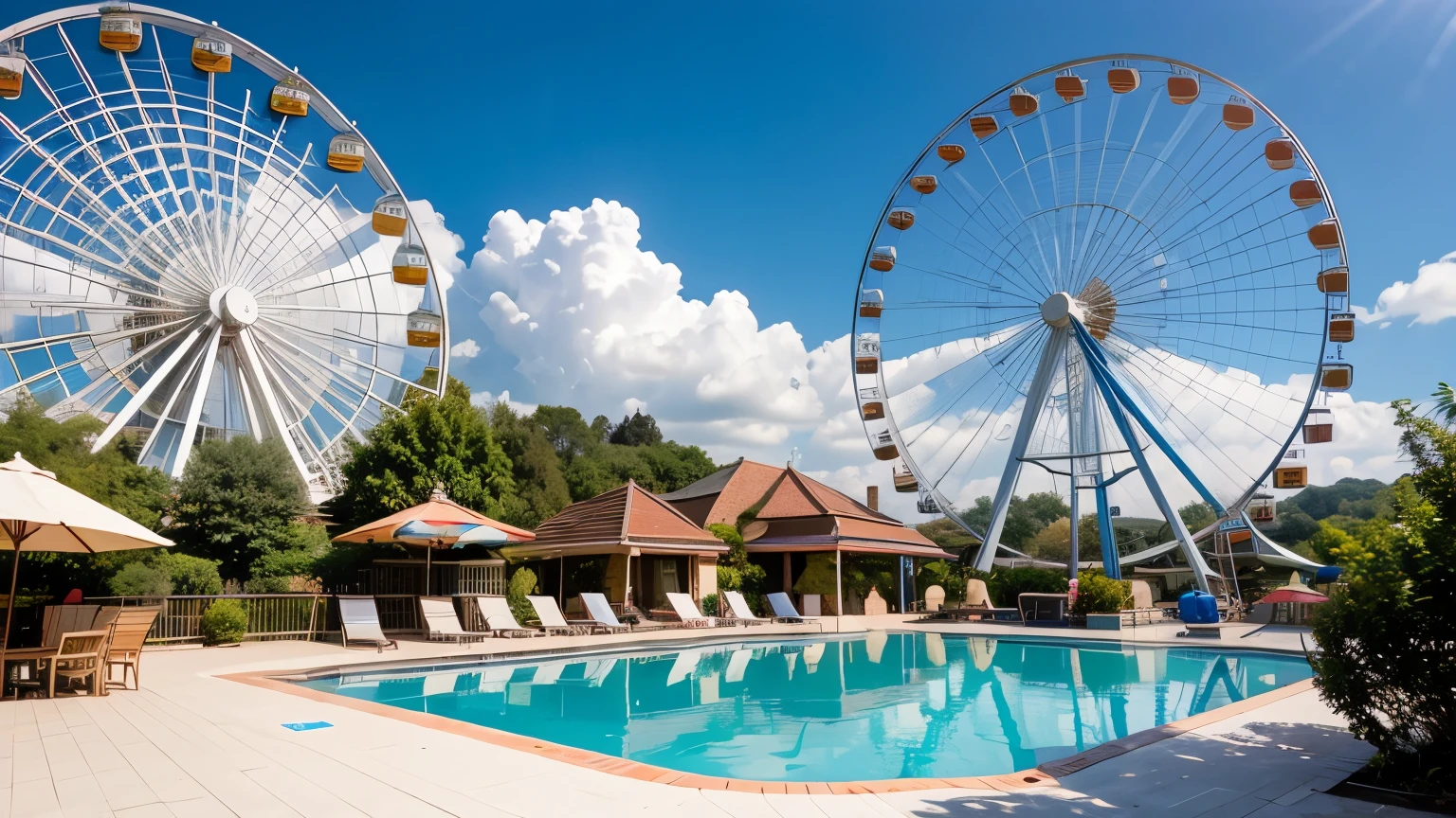 Realistic, High-definition images、Precision photography、Wide-angle lens。Full Shot、Amusement park on the hill、You can see the Ferris wheel、Large swimming pool、Huge pool、A fine summer day、Poolside Stay HDR