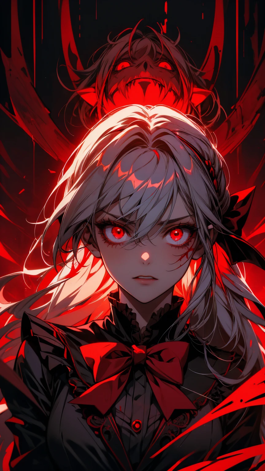 Anime girl with blood in her eyes and a bow tie, gapmoe Yandere, gapmoe Yandere grimdark, With eyes that glow red, Yandere, Red eyes glow, My eyes are completely red, Devil Anime Girl, portrait gapmoe Yandere grimdark, My eyes are completely red no pupils, With red eyes, Bloody Eyes, Yandere intricate,
