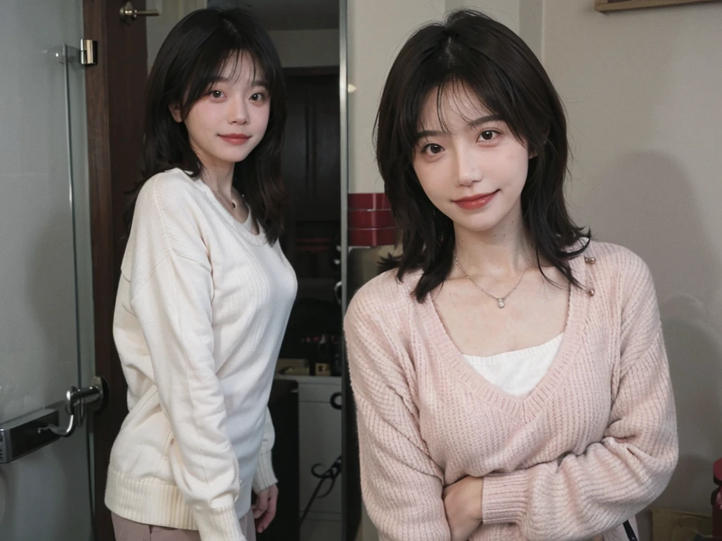 best quality， ultra high resolution， （realistically：1.4），cute hairpin，Baoyu Girl，1 girl,pink long sweater，pink long sweater ，Beautiful woman with slim figure:1.4, abdominal muscles:1.1, (a brown haired one, Medium chest:1.3), pink long sweater, bathroom,Super thin face，exquisite eyes，double eyelids，Smile，necklace