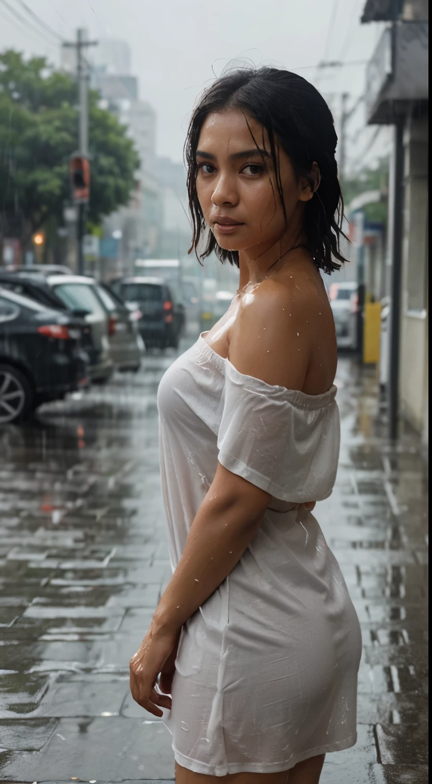 Young Malay woman standing,  ((On City Street)),  ((Fully clothed)), ((Off-the-shoulder T-shirt dress)),((Barefoot)), black short hair, slim build, mid afternoon, Gray light, Overcast, Detailed background, busy street, crowding street, Cinematic, pessimistic, Masterpiece,  Best quality, RAW photo, up-close, zoomed,  Photorealistic, ((view the viewer)), Hold yourself, Translucent shirt, dripping wet, beautiful realistic photo, Surreal fantasy photos,  Close up, Tight Frame, 8K, Ultra detailed, Detailed skin, brown eyes, Tanned skin, ((Drenched)), ((Soaked)), (Dripping water), Saggy clothes, wet street, Wet all over, wet dripping hair, angle of view, (posed for photo) Portrait, Close-up, bottom angles, Mist, ((heavy rain)), ((Hazy rain)), Rain on the face, wet face, Shallow depth of field