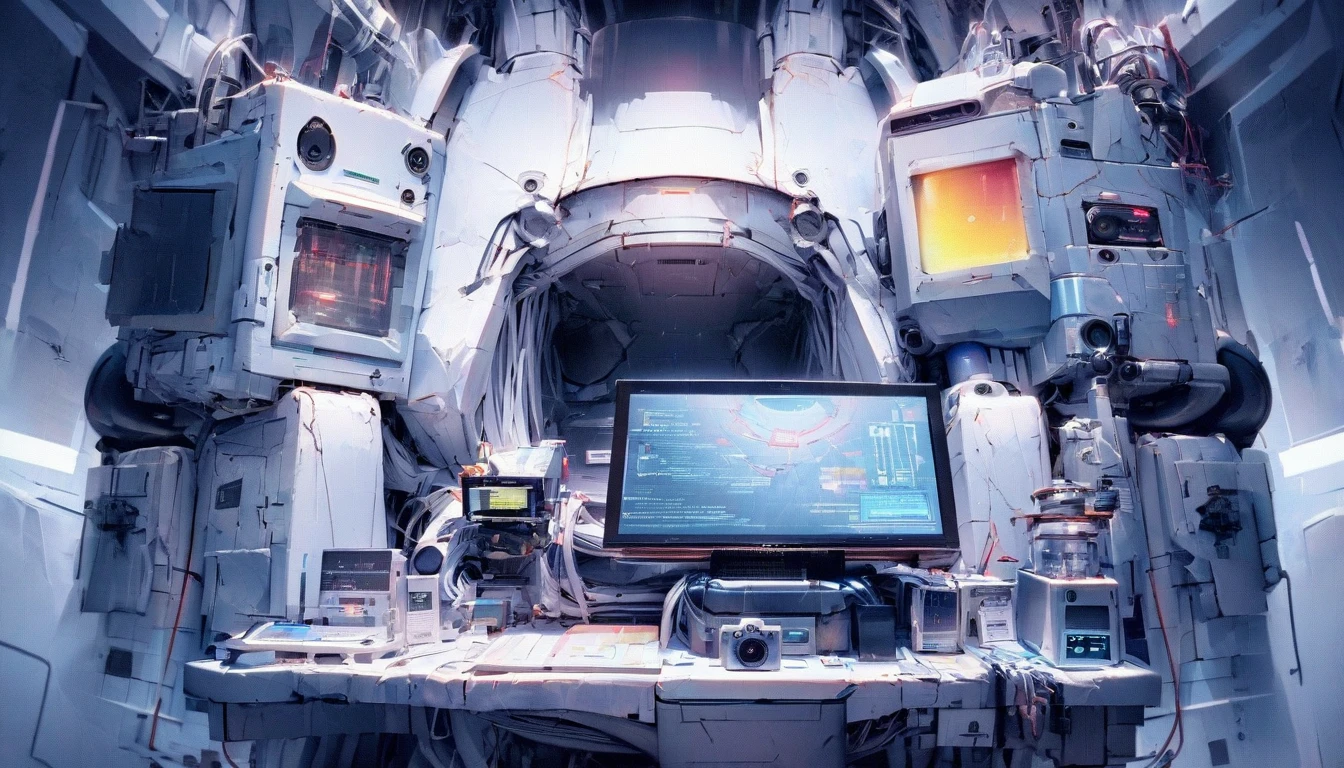 Wall close-up photography, Take a photo straight-on facing the wall. The clinic of the future will have a sci-fi-like monitor。Bright spot with white walls, Scientific research, The camera is parallel