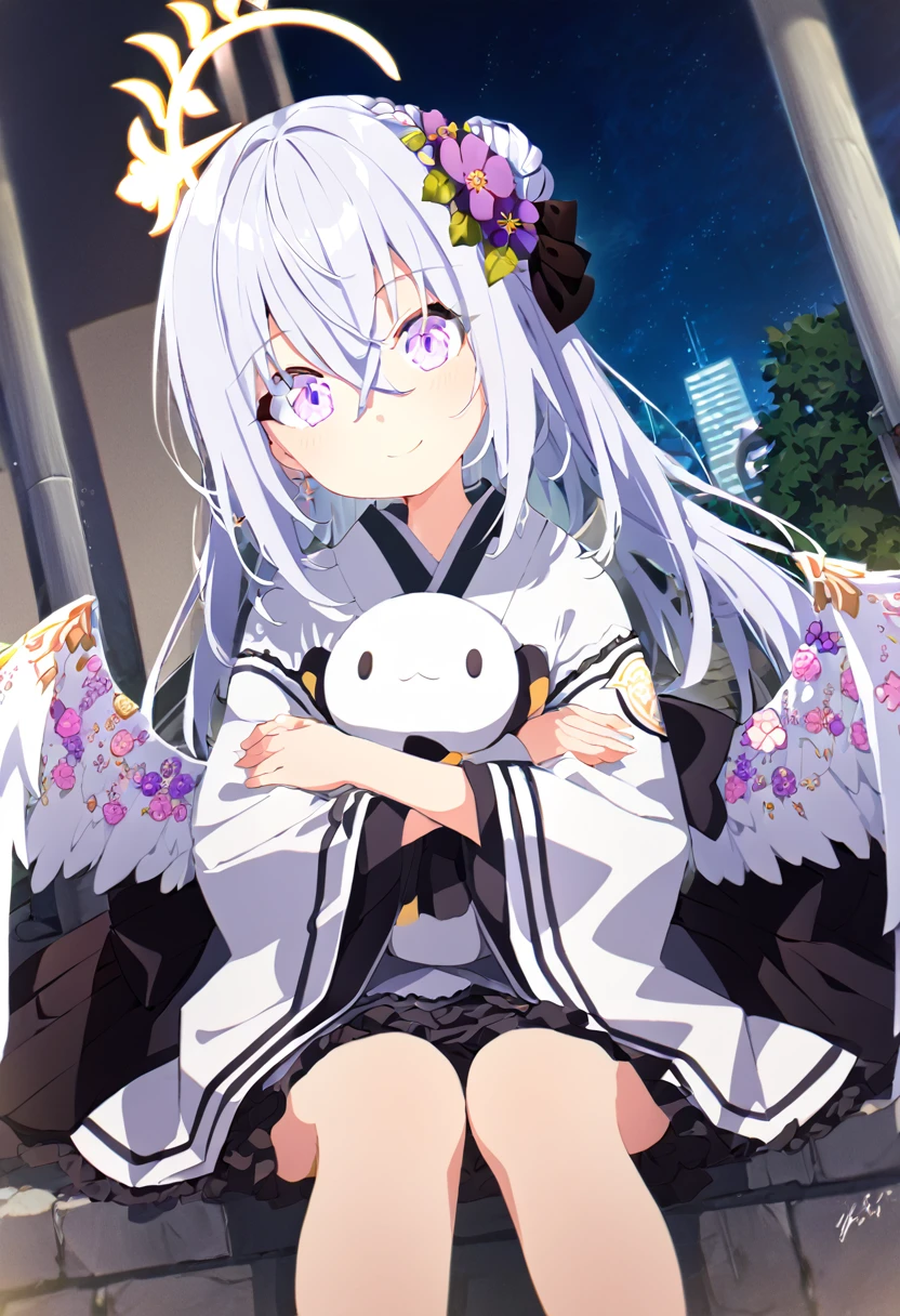 azusa \(blue archive\),1girl alternate_costume alternate_hairstyle angel_wings bench blurry braid braided_bun building depth_of_field feathered_wings flower hair_between_eyes hair_bun halo japanese_clothes kimono lamppost long_hair long_sleeves looking_at_viewer night night_sky obi obiage park park_bench purple_eyes sash sidelocks single_hair_bun sitting sky skyline skyscraper solo star_(sky) starry_sky stuffed_toy tree v_arms white_hair white_wings wide_sleeves wings yukata smile