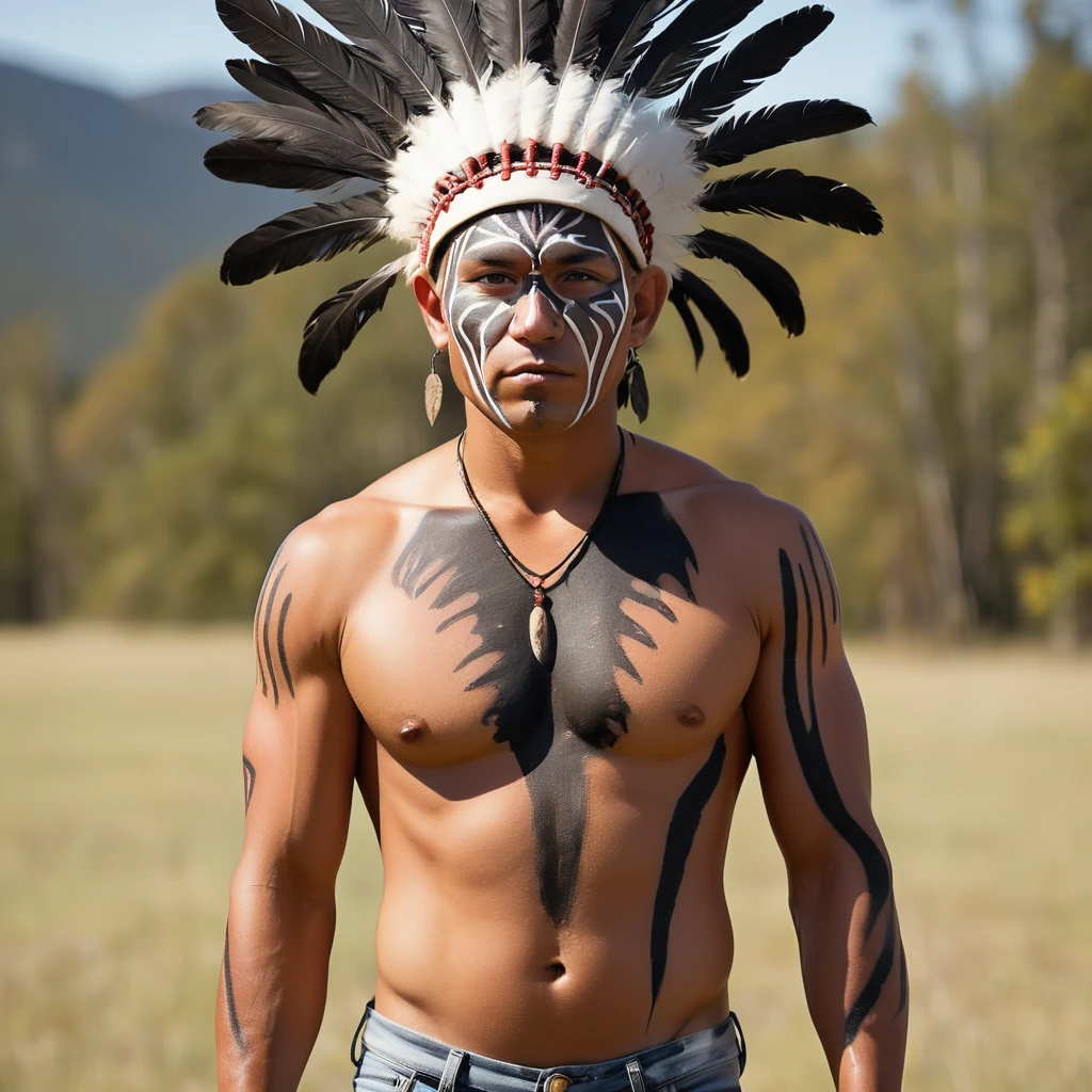 Indigenous man with tanned skin, with a naked head, with a muscular body, with indigenous body paint, wearing jeans and a feather headdress and bald head