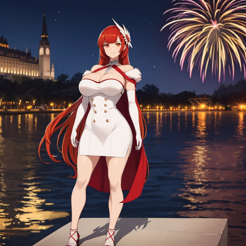 A woman wearing luxury white dress, wearing white fur cape, orange eyes, red auburn hair, long hair, smiling, white glove, exposed shoulder, big breasts, white heels, standing posture, walking on a concrete platform near a lake, place at night, modern building in the background with fireworks in the sky. UHD , prime work , accurate , anatomically correct , textured skin , super details , high quality , best quality, 8k, high resolution, bokeh effect. (woman alone), close view.