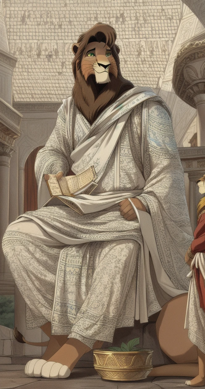 Metal_(the_lion_king),lion,male,youth,alone,4K,HD quality,Best, Virgil, Roman poet, Aeneid, holding a book, quality,sitting on a throne,Look up at the audience,reciting,looking at the audience,green wreath on head, Roman clothing, a tunic with two vertical blue stripes, draped roman white Toga,lion tail, clothed, white cloth,bared, red shirt, biceps, correct,Delicate fur,poet,soft shadow,majestic,Detailed face,High quality eyes,Green eyes,black pupils,Sharp eyes,Grandiose,Valiantary,Smile confidently,Strong,mature,philosophical, ancient Rome background Blue sky and white clouds,The sun shines, reading the Aeneid