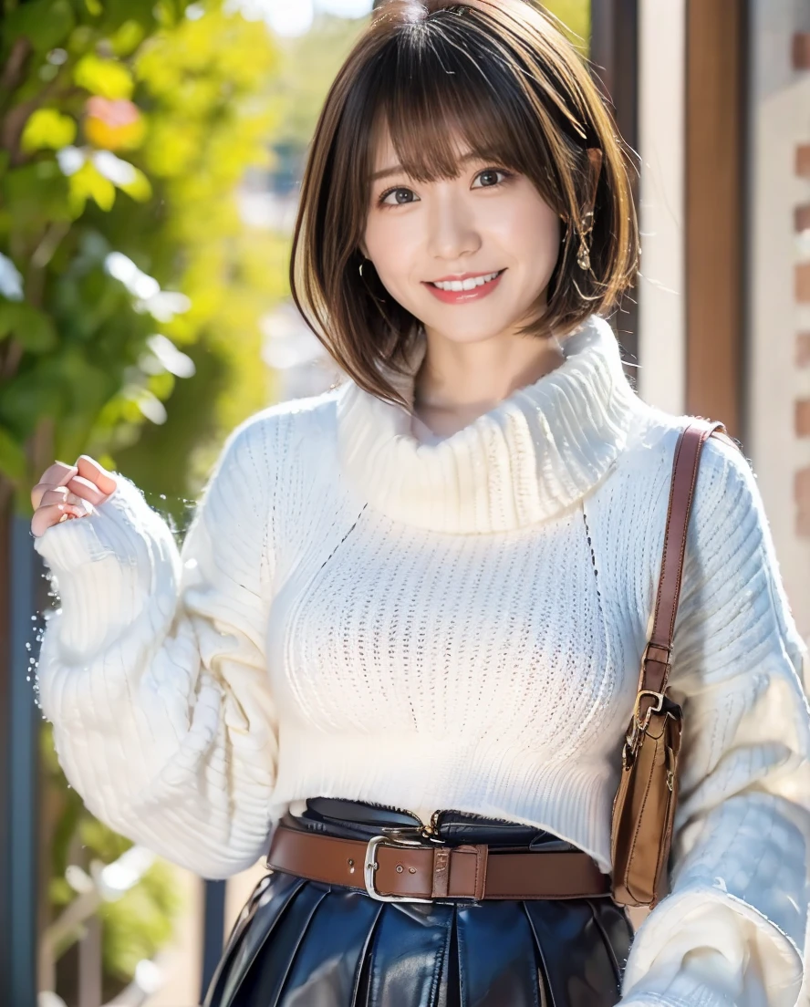 歯をみせるsmileの女の子、Summer knitwear、Leather Belt、skirt、Lens flare、Hair blowing in the wind、Medium Short Hair、、Expressing the whiteness of one's breath、Photo from the waist up、Night city illumination shot、Cowgirl Shot、Fur coat、豪華なグレーのミンクのFur coat、Wear fine leather boots、Luxury Bags、Inner turtleneck、Silver necklace and small silver earrings Millionaire style:1.4))、Full body photo、smile、 Caustics、Highly detailed photos、Very beautiful woman 、Ample breasts、No makeup、(8K、RAW Photos、Highest quality、masterpiece:1.2)、(Realistic、Realistic)、1 Girl、((Medium Short Hair、Midwinter、Cold region Snow falling、The wind is blowing、Fluttering Hair、Blur the background、Colorful illuminations、Looking into the camera:1.4))、