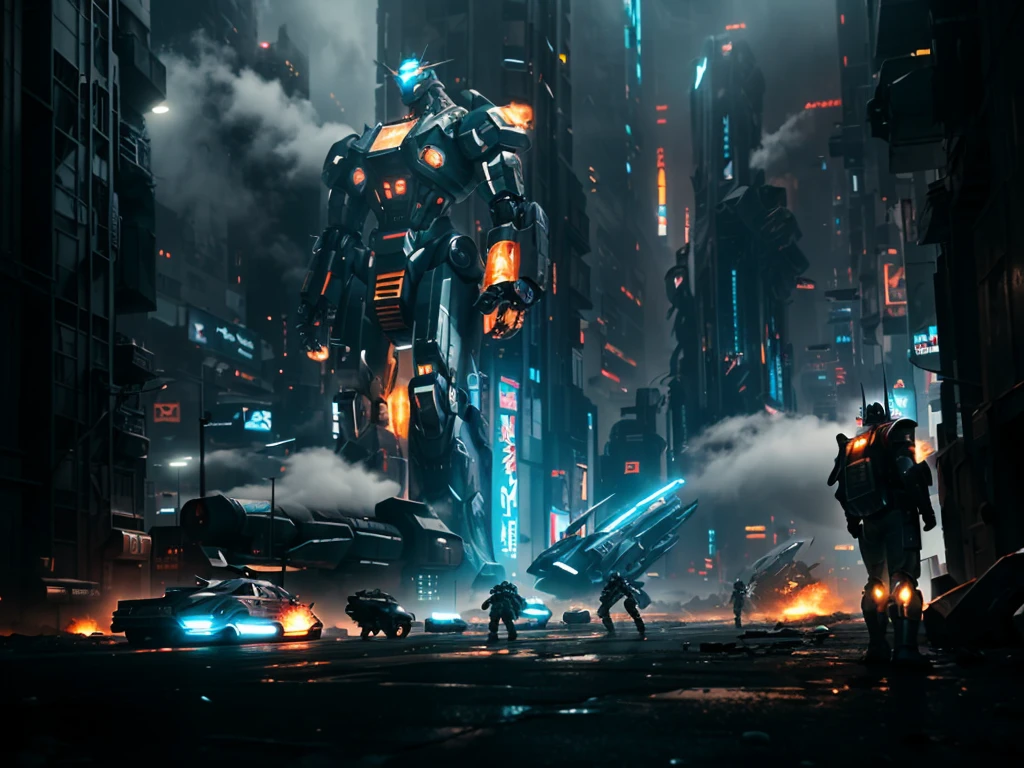 A giant robot, massive attacking kaiju, soldiers, cinematic, IMAX quality, mecha, science fiction, cyberpunk, futuristic city, dramatic lighting, dynamic composition, detailed mechanical design, gritty industrial aesthetic, powerful energy effects, volumetric fog, cinematic camera angles, awe-inspiring scale, epic battle, heroic pose, heightened contrast, cinematic color grading

