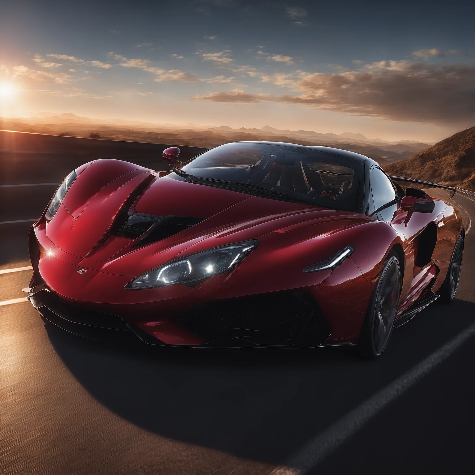 The camera tracks alongside the red sports car, capturing its sleek profile as it speeds through the highway. The evening light casts long shadows and a rich, golden hue over the landscape, creating a cinematic and thrilling atmosphere against the backdrop of a clear sky.