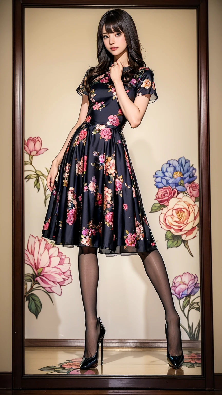 ((masterpiece)),(((Highest quality))),Thin thighs,Long legs,whole body:1.5,(One Girl:1.3),(Black pantyhose and thick pointy heels:1.3),(Wearing a floral long skirt dress:1.2),Short Blonde:1.2、Model pose,